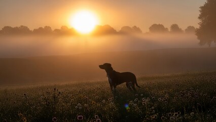Sunrise Serenity Dog in a Misty Landscape