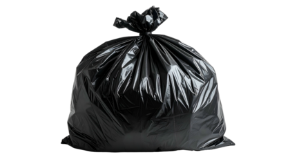 A full, black plastic trash bag, knotted at the top, against a solid black background