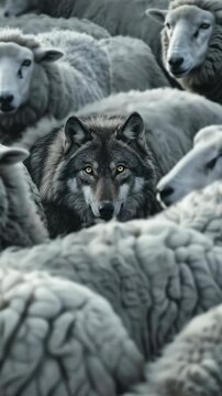 A wolf with glowing eyes in the midst of a herd of sheep. Nature-themed wildlife .