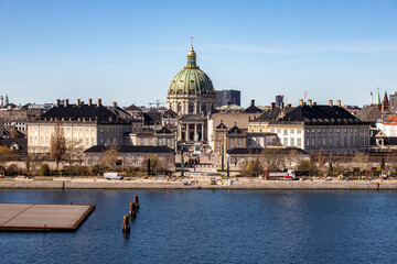 Copenhagen, Denmark, Frederik's Church known as The Marble Church and Amalienborg palace with the statue of King Frederick V.