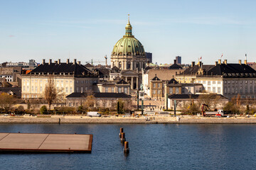 Copenhagen, Denmark, Frederik's Church known as The Marble Church and Amalienborg palace with the statue of King Frederick V.