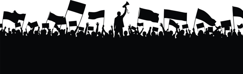 Black silhouette crowd waving flags and megaphone people protest