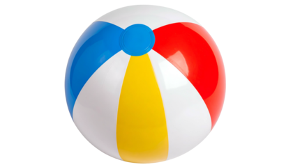 A colorful inflatable ball with alternating blue, red, yellow and white panels
