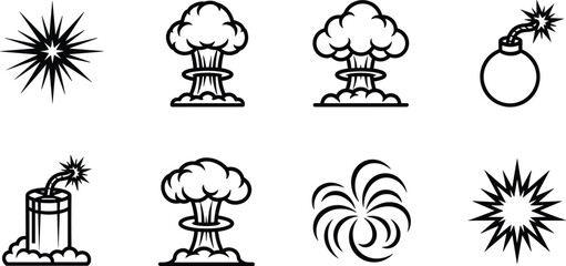 Black and white of various explosion and bomb nuclear explosion firework blast