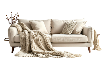 Cozy off-white sofa with knitted throw, pillows, side table, and ornamental branches