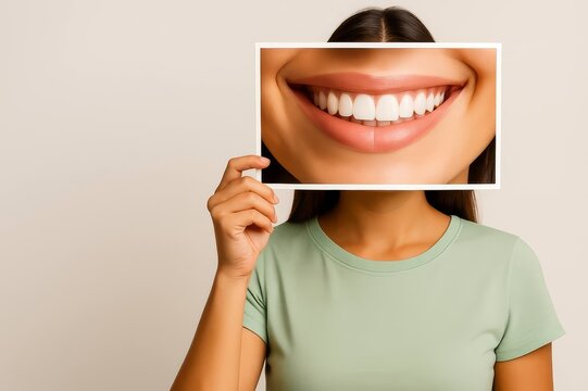 Woman holding picture of perfect smile in front of face. concept of dental care, teeth whitening, oral health, cosmetic dentistry