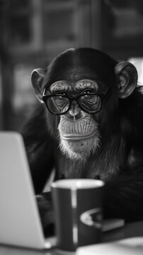 Monkey with glasses and a beard using computer equipment
