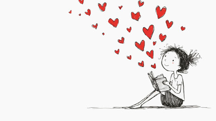 Vector illustration of irl reading book with hearts flying from the pages. Gentle symbol of love, imagination and childhood emotions, clean white background with copy space, minimal line art, no text