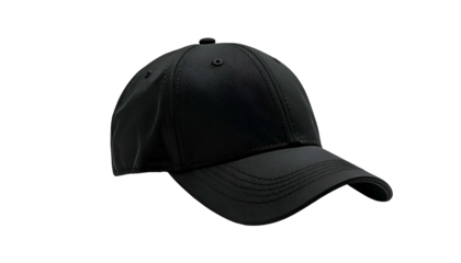 A single, black baseball cap, with a curved brim, on a solid black background