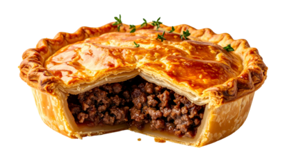 Savory, golden-crusted pie with a meat filling, cut open to reveal its contents