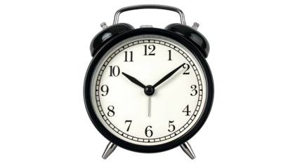 Classic black and white alarm clock against a black background, showing the time