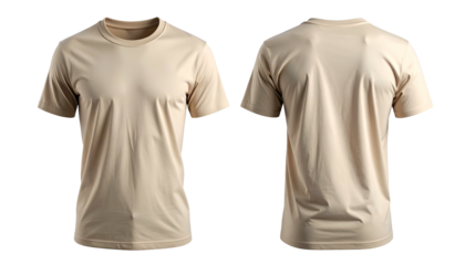 Front and back view of a plain, light beige crew-neck t-shirt against a dark background