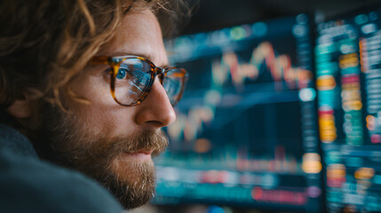 digital finance professional studying a forex and crypto trading chart focusing on blockchain market trends investment planning stock analysis and economic growth strategies