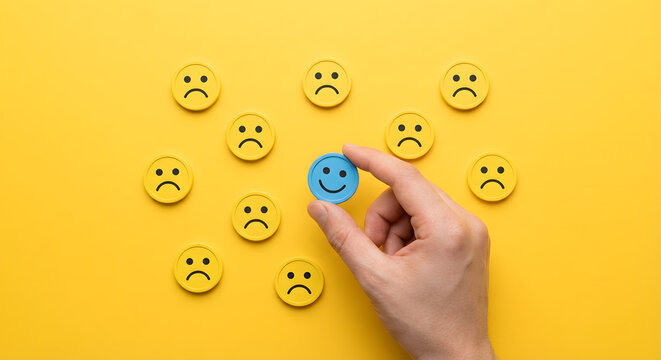 Hand holding blue smiley face among sad faces