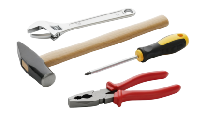 Close-up shot of various hand tools including a wrench, hammer, screwdriver, and pliers.
