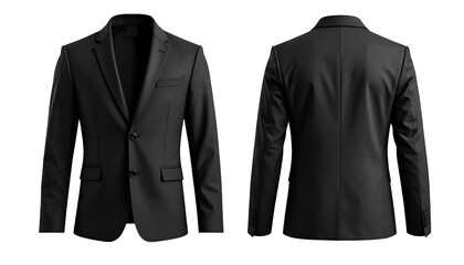 Front and back views of a classic, black, tailored business suit jacket