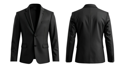 Front and back views of a classic, black, tailored business suit jacket