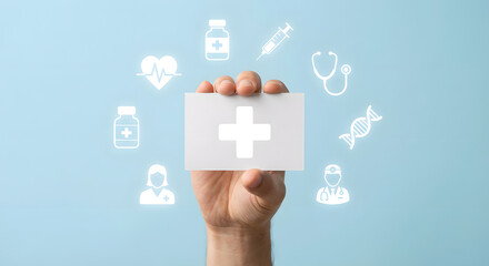 hand holding white card with medical cross symbol and health icons
