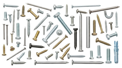 Assortment of various metal fasteners, including screws, nails, and bolts, displayed on a white background.