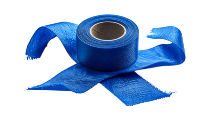 A vibrant blue roll of tape with an unraveling ribbon against a stark black background