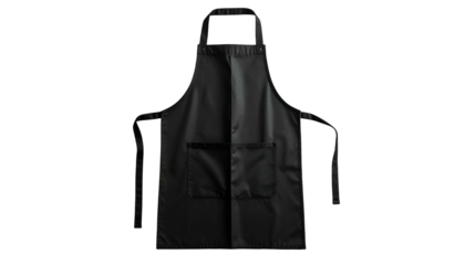 A black apron is displayed, front-facing, against a stark black background