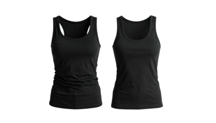 Two black tank tops, flat-lay, one with slight wrinkles, against a dark backdrop