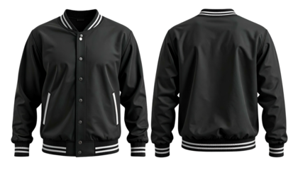 Front and back views of a black, button-up varsity jacket with white striped trim