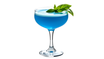A striking blue cocktail in a coupe glass with a basil garnish, against black