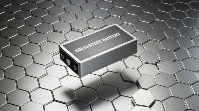 A cinematic ultra-realistic video of a solid state battery floating above a seamless silver hexagonal honeycomb texture, with slow orbiting camera revealing premium materials and next-generation energ
