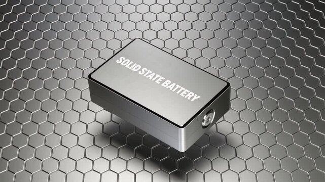 A cinematic ultra-realistic video of a solid state battery floating above a seamless silver hexagonal honeycomb texture, with slow orbiting camera revealing premium materials and next-generation energ