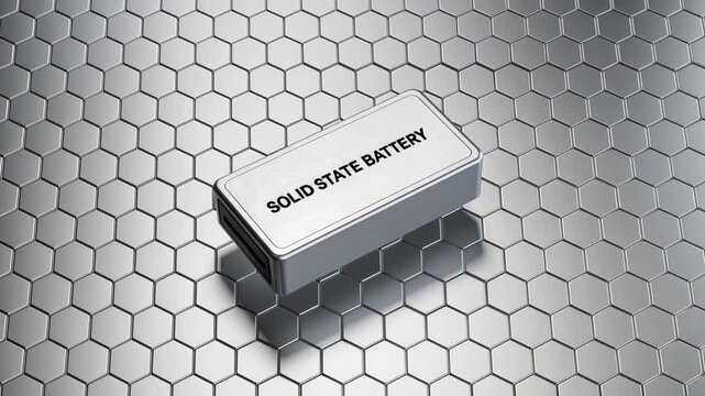 A cinematic ultra-realistic video of a solid state battery floating above a seamless silver hexagonal honeycomb texture, with slow orbiting camera revealing premium materials and next-generation energ