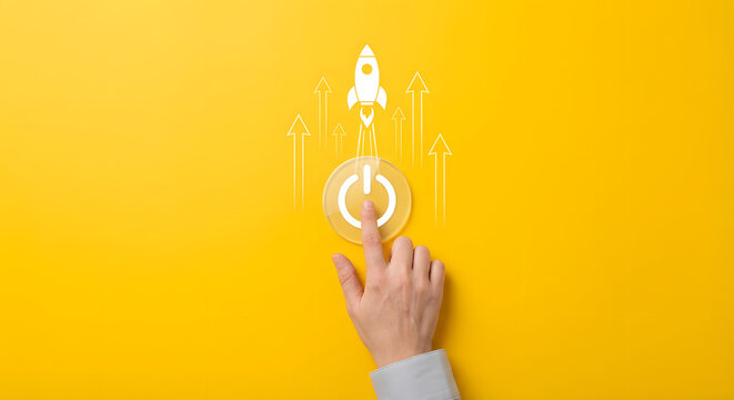 hand pressing button with rocket launching up