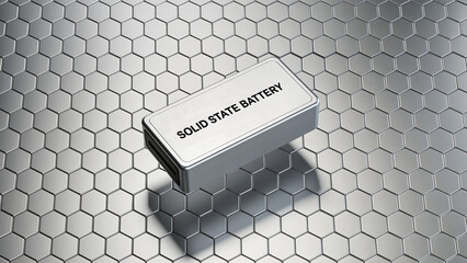 Floating Solid State Battery on Silver Honeycomb Background..