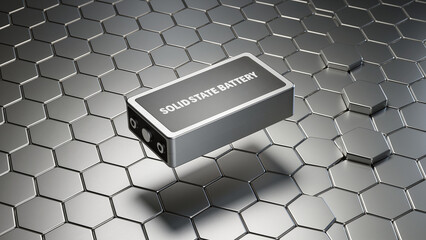 Floating Solid State Battery on Silver Honeycomb Background..