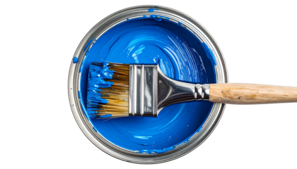 Overhead shot of a paint can filled with vibrant blue paint and a paintbrush inside