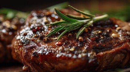 Freshly grilled meat sits on a wooden plate with herbs on top showcasing the cooking process during a summer outdoor event. The setting reflects a casual gathering.