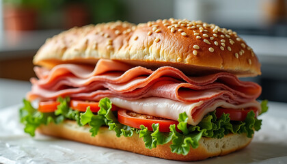 Gourmet Sub Sandwich Close-Up with Melted Cheese and Fresh Toppings