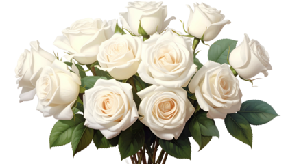 A lush bouquet of white roses, artfully arranged with green leaves against a transparent backdrop