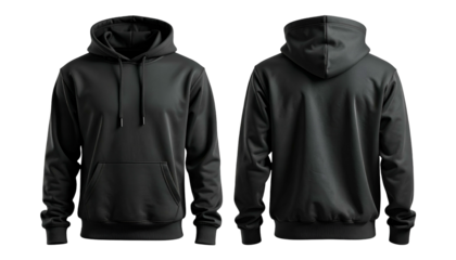 Front & back view of a plain black hooded sweatshirt isolated on a dark background