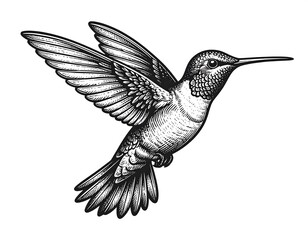 Fototapeta premium Detailed monochrome engraving of a hummingbird in mid-flight with wings outstretched. A side profile of the tiny bird is shown