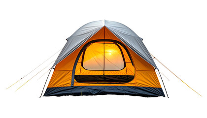 A camping tent is silhouetted against a black background, the interior brightly lit