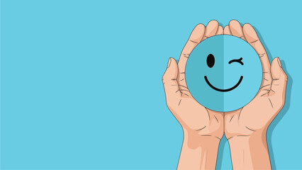 Caring Hands Holding Winking Happy Face Icon on Blue Background with Copy Space