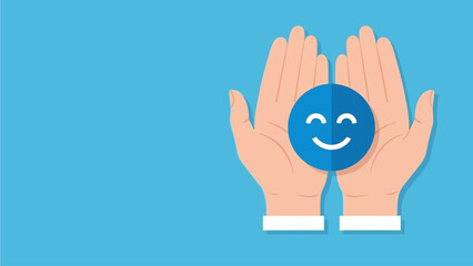 Obraz premium Caring Hands Holding Blue Happy Smiley Face Icon for Customer Satisfaction and Mental Wellness Concept