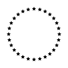 Stars of various sizes arranged in a circle. Round frame, border. Black star outline, simple symbol. Design element, ornament. Line art. Vector illustration