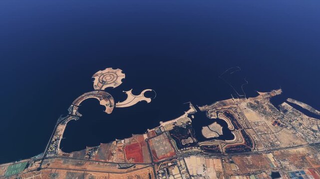 Top aerial drone view of Al Marjan Island Beach in Jazeerat Al Marjan. Ras Al Khaimah. United Arab Emirates