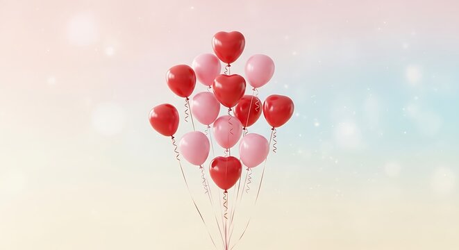 Bunch of red and pink heart and round balloons floating red balloons pink balloons - Powered by Adobe