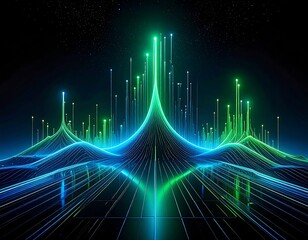 Digital abstract featuring interconnected lines forming wave-like shapes with a vibrant gradient of blue and green, illuminating the dark backdrop