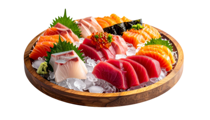 Circular wooden platter laden with various types of glistening raw fish