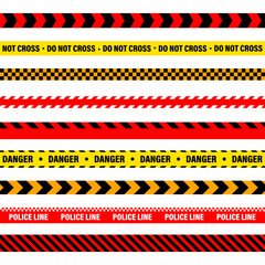 Barricade construction tape. Colorful police warning line, brightly colored danger or hazard stripe, ribbon. Restricted area, zone. Attention symbol. Vector illustration
