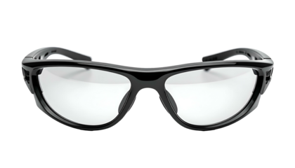 Close-up front view of black safety glasses with clear lenses and thick frames